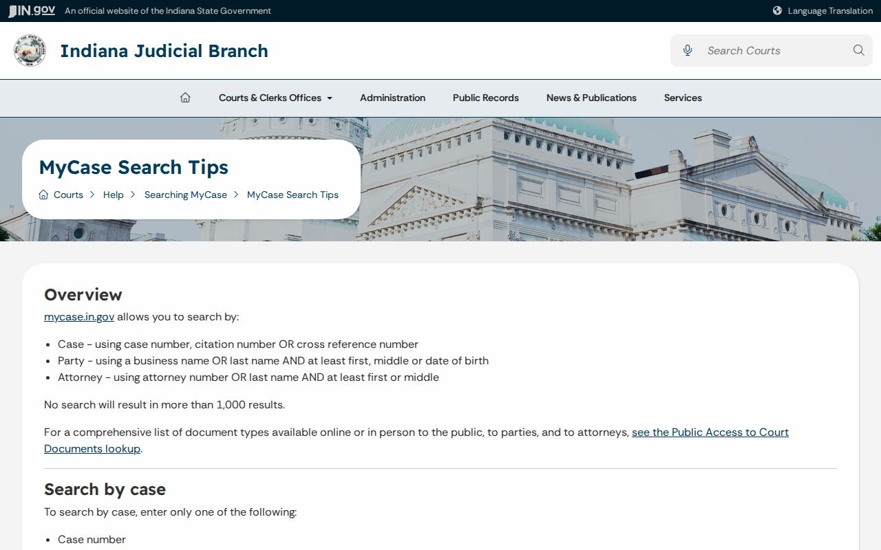 Official Indiana MyCase search tabs and filter guidance