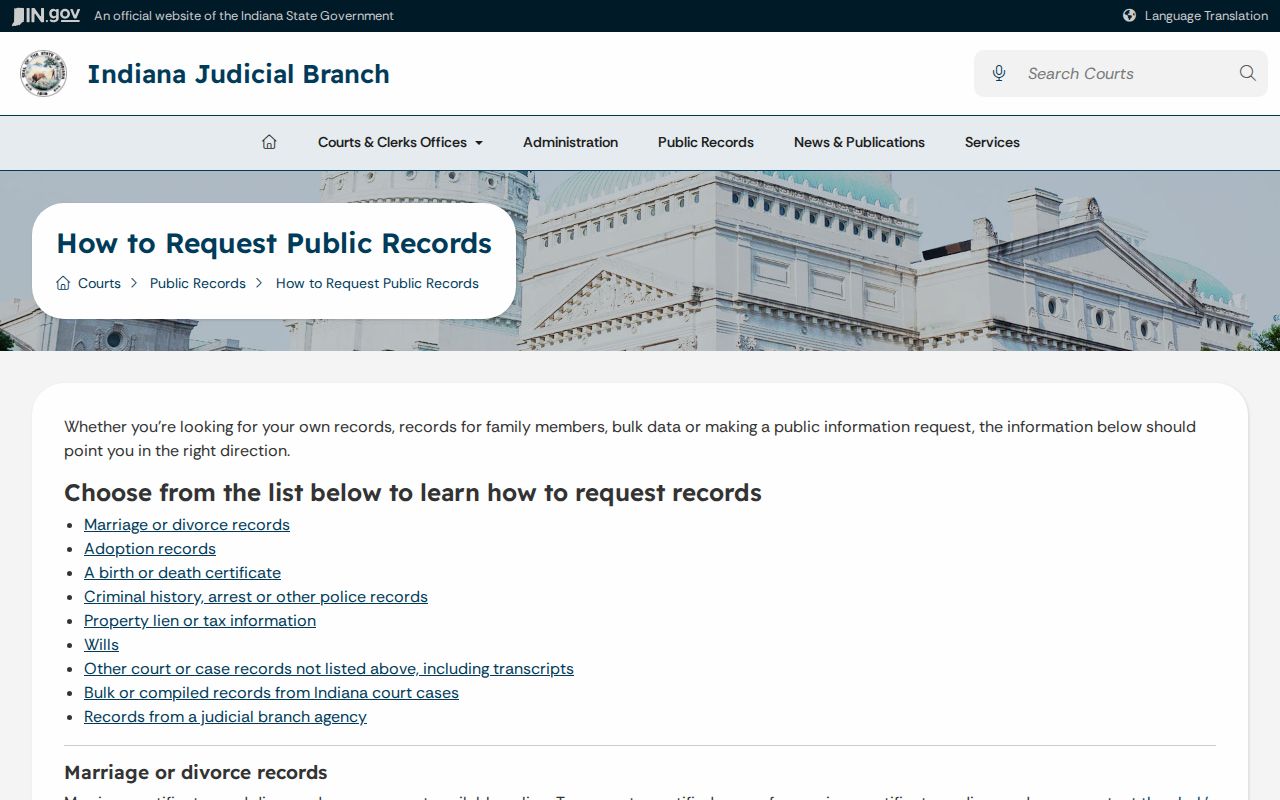 Indiana court record request instructions for county clerk records