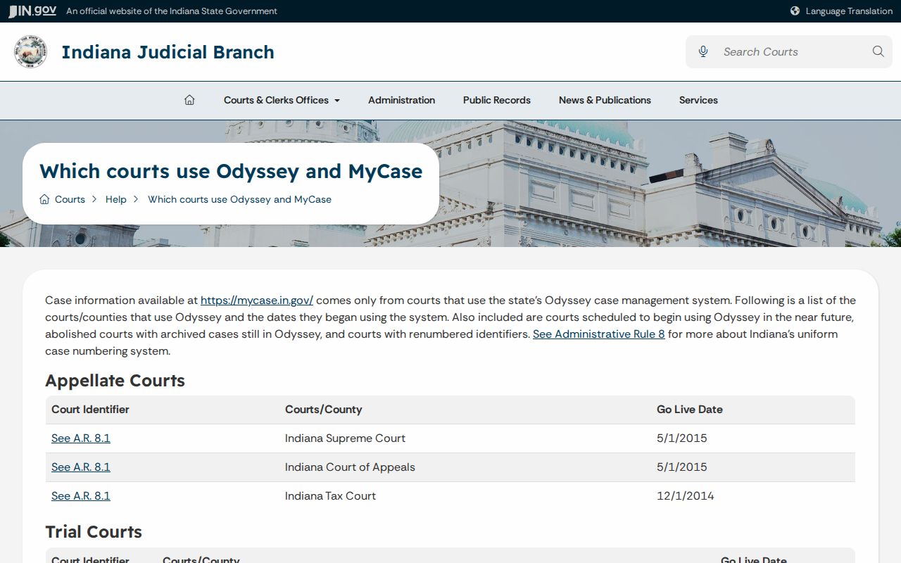 Odyssey court codes for White Circuit and White Superior Courts