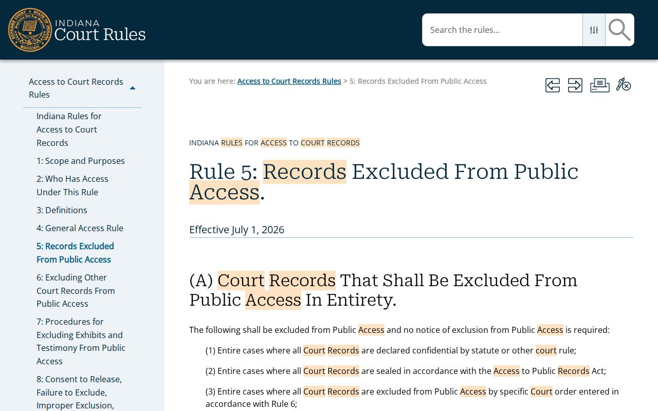 Indiana court record confidentiality and exclusion categories