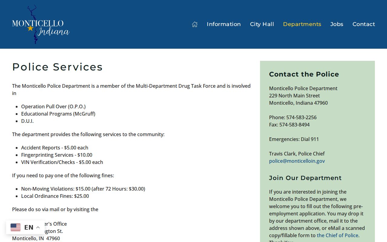 Official Monticello Police services page with local court and payment routing