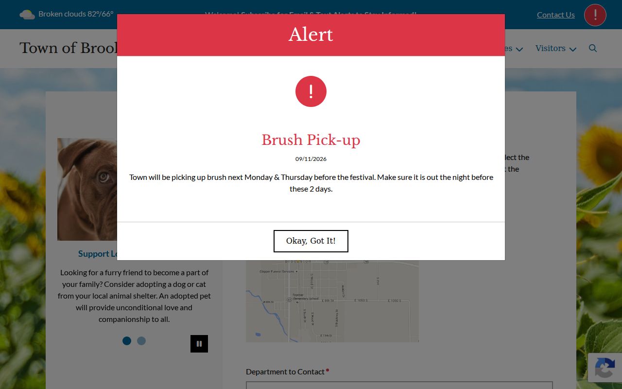Brookston contact form with department fields and public correspondence notice