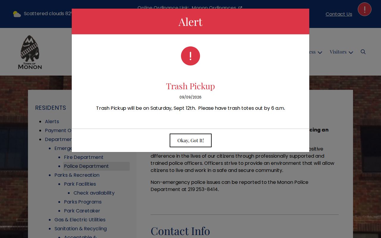 Monon Police Department and Town Marshal page for warrant routing
