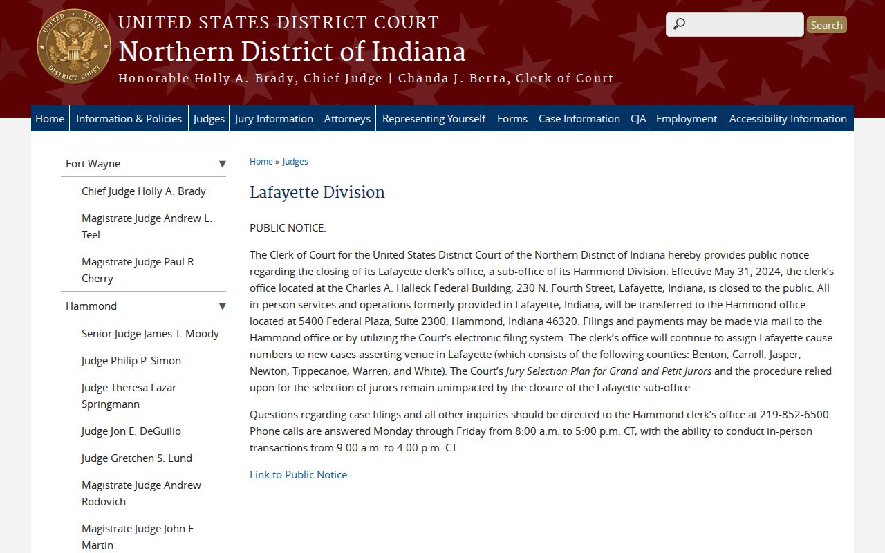 Northern District of Indiana Lafayette venue notice for White County