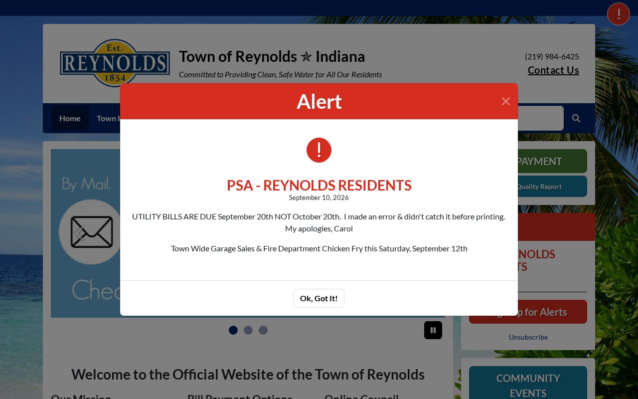 Reynolds Town Hall contact page for local warrant routing