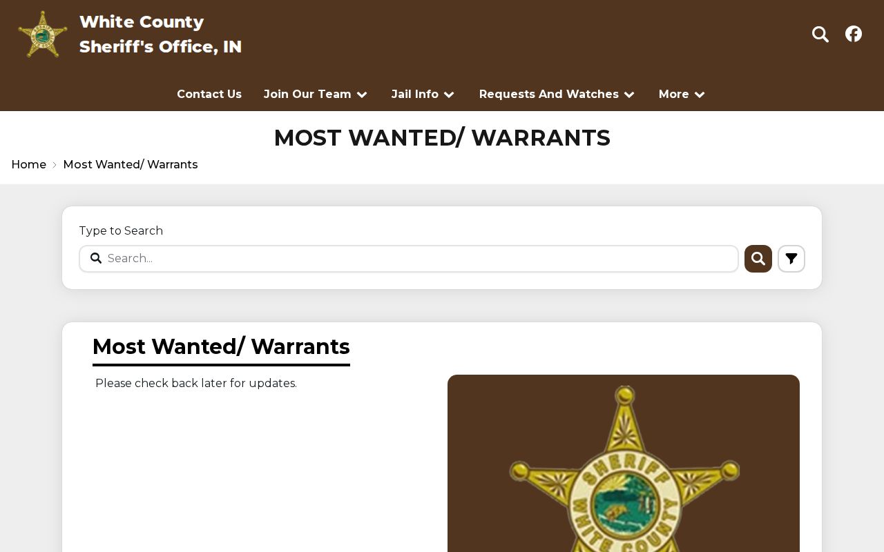 White County Sheriff Most Wanted and Warrants page showing its current update notice