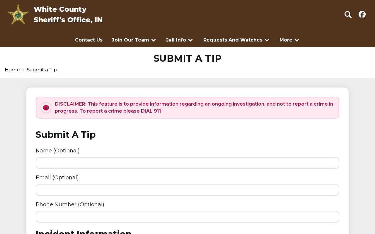 White County Sheriff Submit a Tip form with investigation information fields